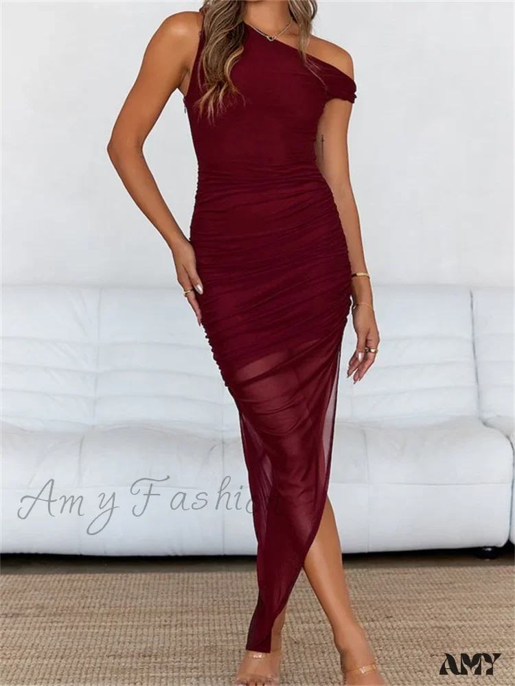 Amy Fashion - Women Mesh Off Shoulder  Solid Color Asymmetrical Hem Sleeveless Ruched Bodycon Party Female Vestidos - Image 5