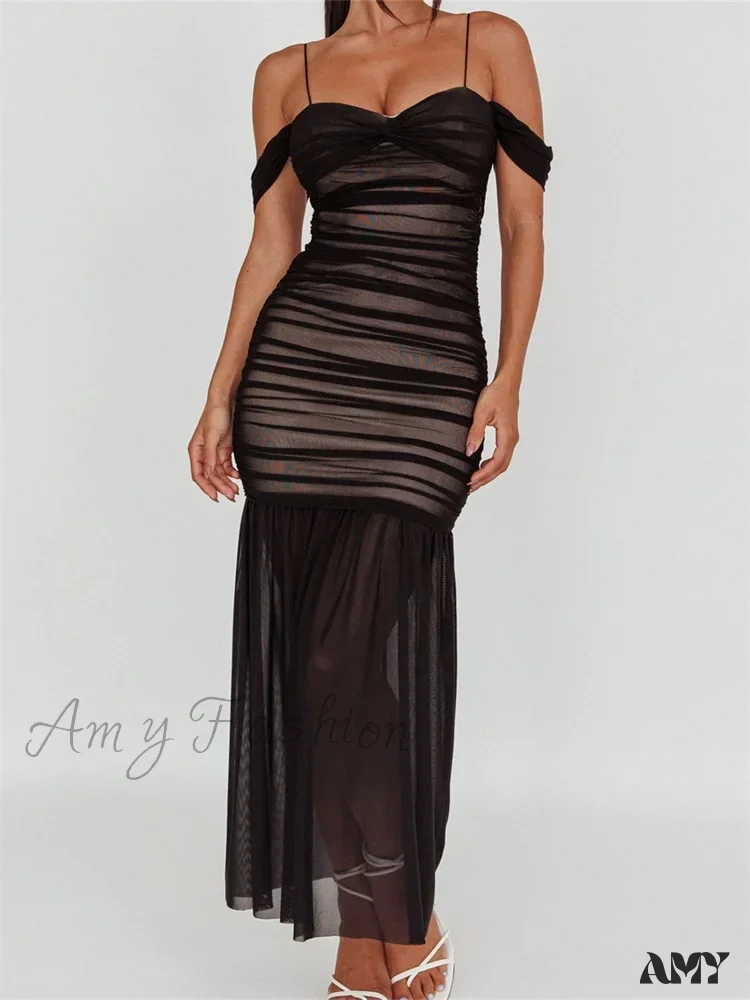 Amy Fashion - Women Mesh Sheer See Through Low Cut Off Shoulder Strap Backless Ruched Summer Party Vestidos