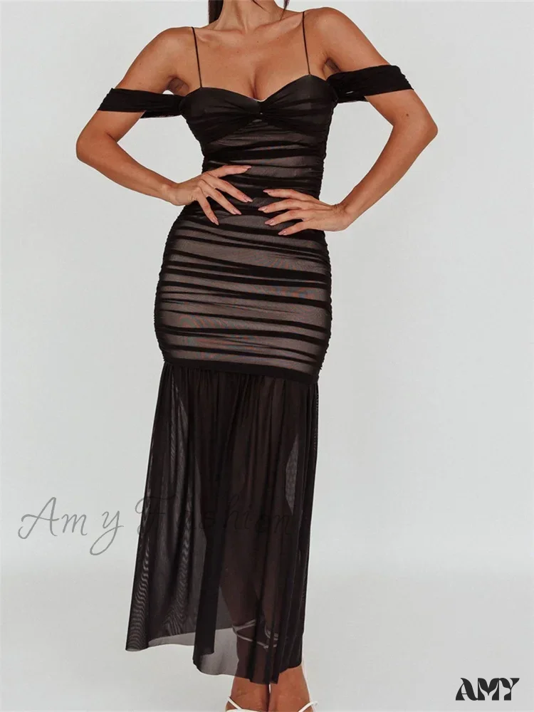 Amy Fashion - Women Mesh Sheer See Through Low Cut Off Shoulder Strap Backless Ruched Summer Party Vestidos - Image 2