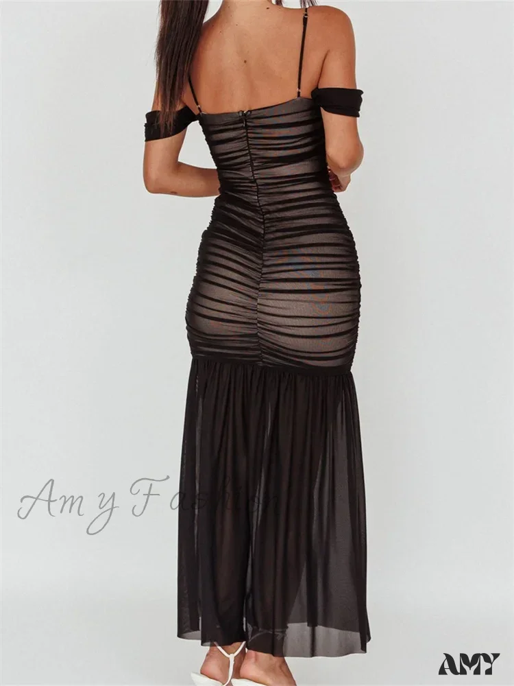 Amy Fashion - Women Mesh Sheer See Through Low Cut Off Shoulder Strap Backless Ruched Summer Party Vestidos - Image 3
