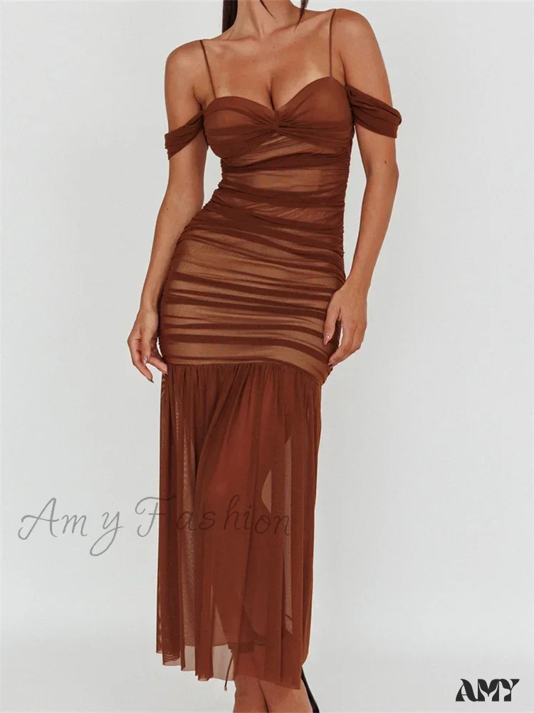 Amy Fashion - Women Mesh Sheer See Through Low Cut Off Shoulder Strap Backless Ruched Summer Party Vestidos - Image 5