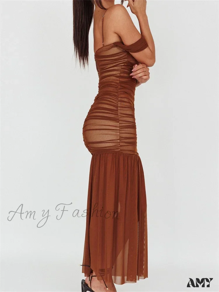 Amy Fashion - Women Mesh Sheer See Through Low Cut Off Shoulder Strap Backless Ruched Summer Party Vestidos - Image 6