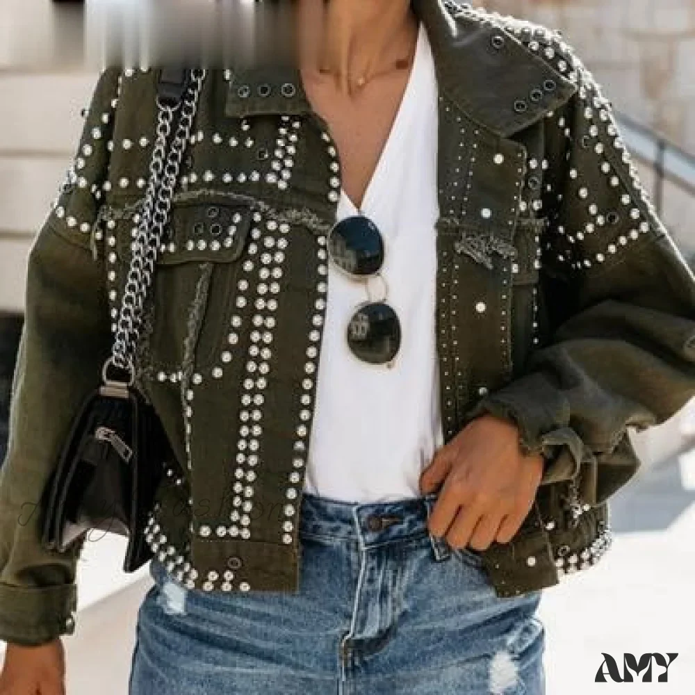 Amy Fashion - Outwear Studded Denim Coat - Image 2