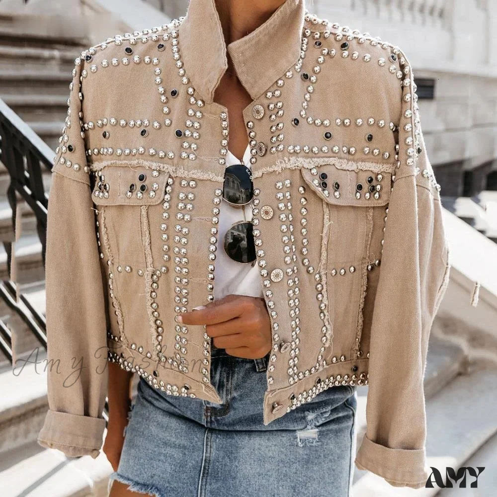 Amy Fashion - Outwear Studded Denim Coat - Image 5