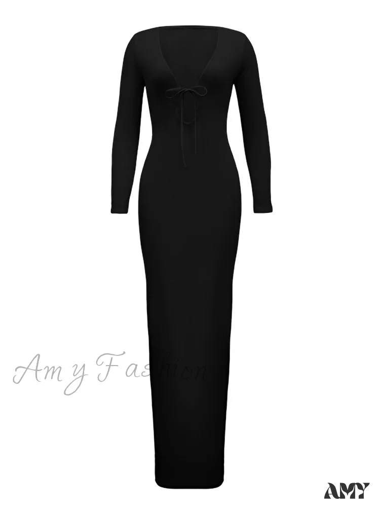 Amy Fashion - Women Ribbed Bodycon  Solid Color Low-Cut V-neck Tie-Up  Sleeve Spring Autumn Party Vestidos - Image 2