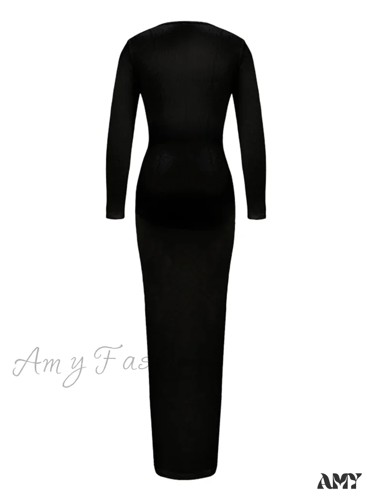Amy Fashion - Women Ribbed Bodycon  Solid Color Low-Cut V-neck Tie-Up  Sleeve Spring Autumn Party Vestidos - Image 3