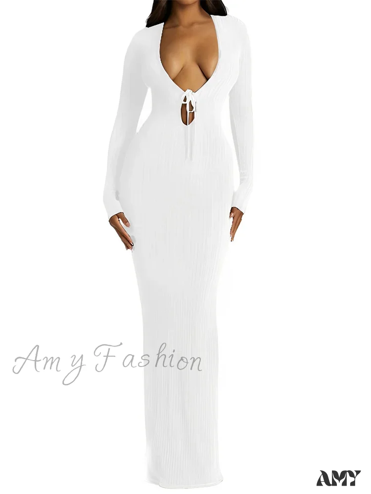 Amy Fashion - Women Ribbed Bodycon  Solid Color Low-Cut V-neck Tie-Up  Sleeve Spring Autumn Party Vestidos - Image 4