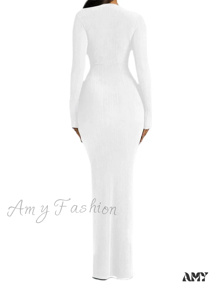 Amy Fashion - Women Ribbed Bodycon  Solid Color Low-Cut V-neck Tie-Up  Sleeve Spring Autumn Party Vestidos - Image 5