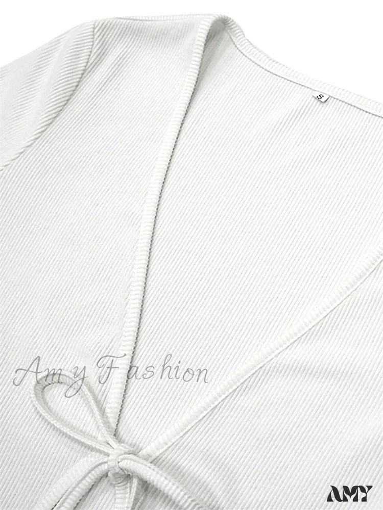 Amy Fashion - Women Ribbed Bodycon  Solid Color Low-Cut V-neck Tie-Up  Sleeve Spring Autumn Party Vestidos - Image 6