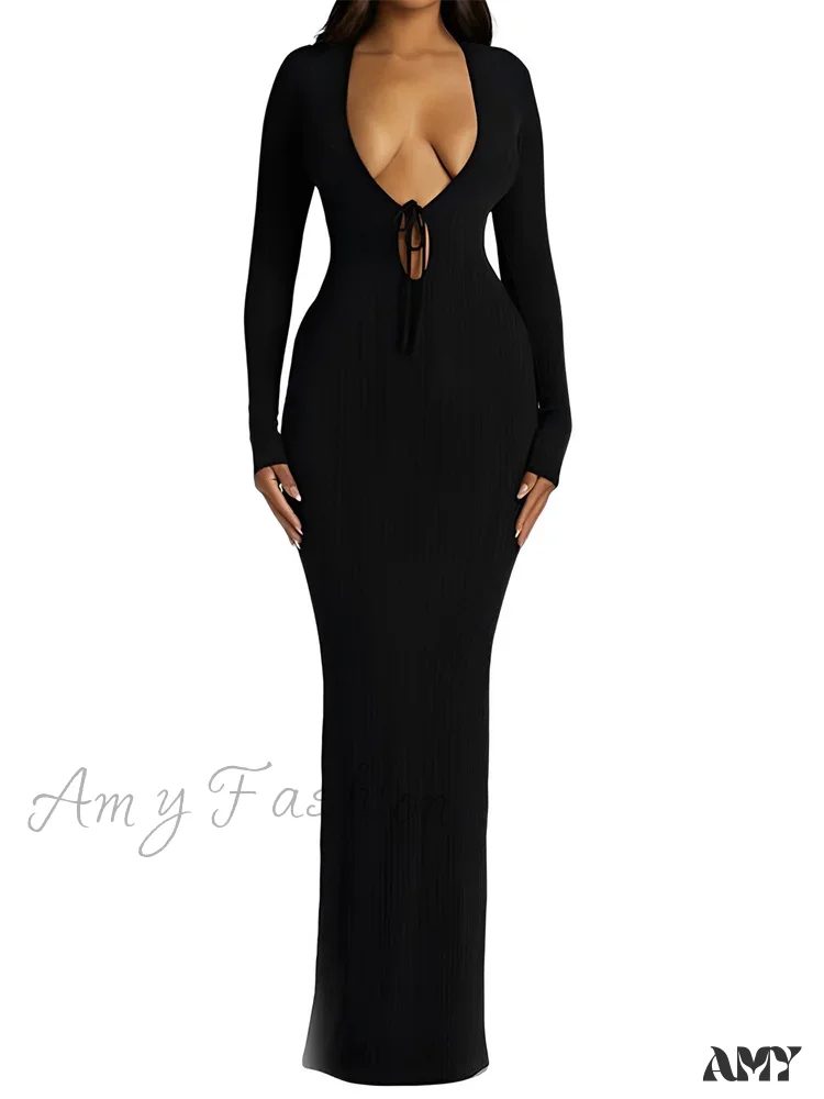 Amy Fashion - Women Ribbed Bodycon  Solid Color Low-Cut V-neck Tie-Up  Sleeve Spring Autumn Party Vestidos - Image 7