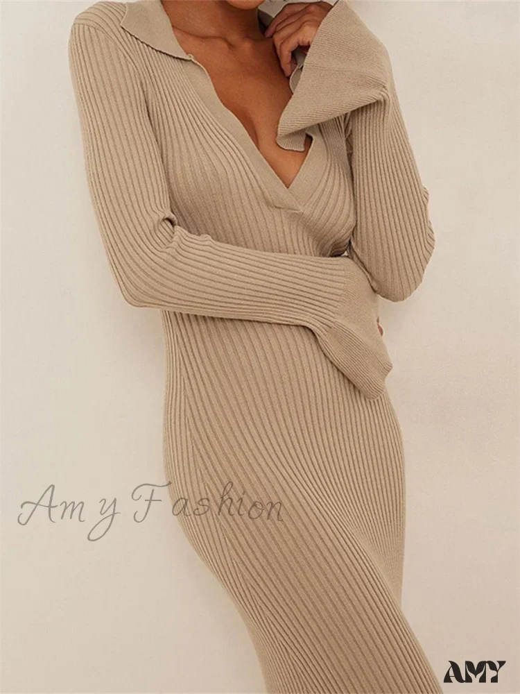 Amy Fashion - Women Ribbed Knitted   Flare Sleeve Lapel Solid Color Bodycon Party Going Out Female Vestido - Image 2