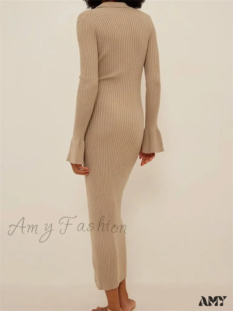 Amy Fashion - Women Ribbed Knitted   Flare Sleeve Lapel Solid Color Bodycon Party Going Out Female Vestido - Image 3