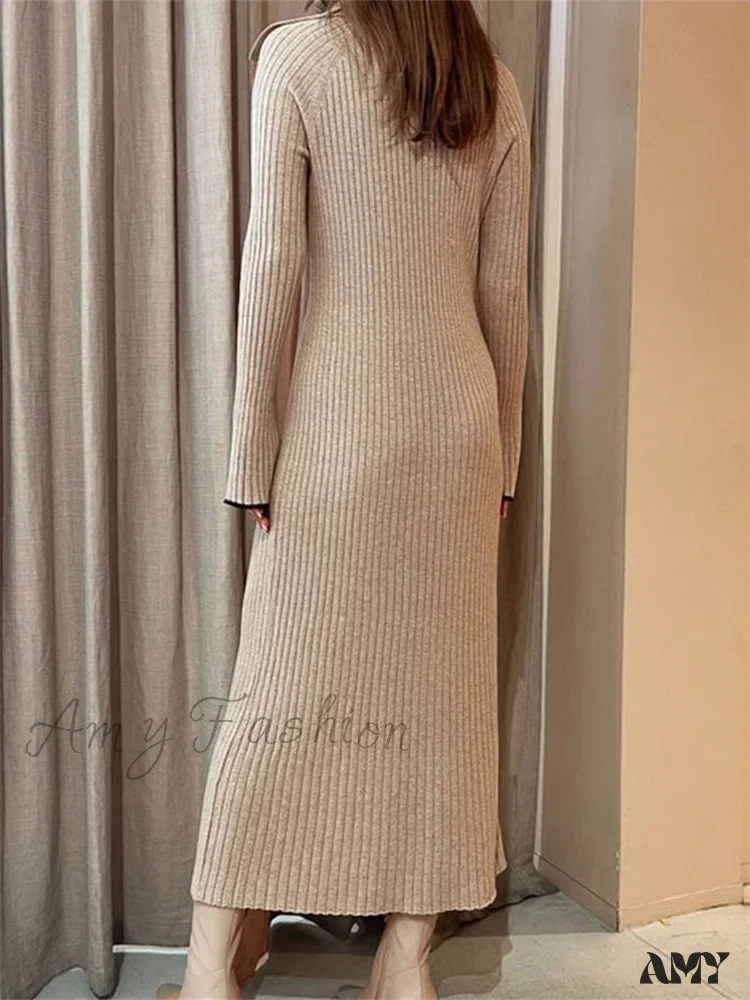 Amy Fashion - Women Ribbed Knitted Flare Sleeve Lapel Solid Color Party Going Out Female Vestidos Streetwear - Image 2
