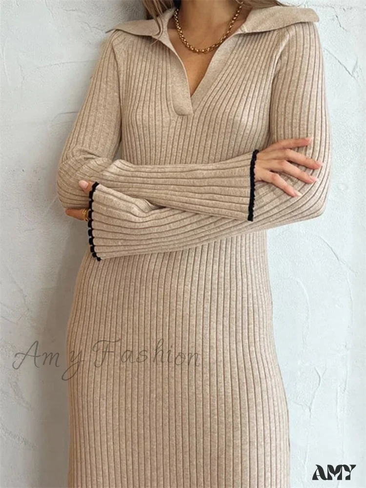 Amy Fashion - Women Ribbed Knitted Flare Sleeve Lapel Solid Color Party Going Out Female Vestidos Streetwear - Image 3
