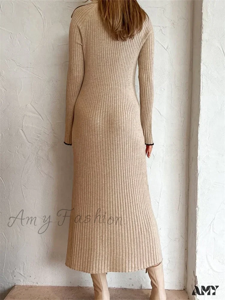 Amy Fashion - Women Ribbed Knitted Flare Sleeve Lapel Solid Color Party Going Out Female Vestidos Streetwear - Image 4