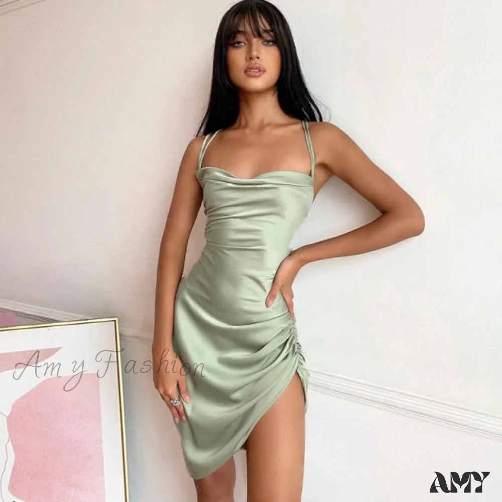 Amy Fashion - Satin Ruched Cross Bandage Backless Dress - Image 7