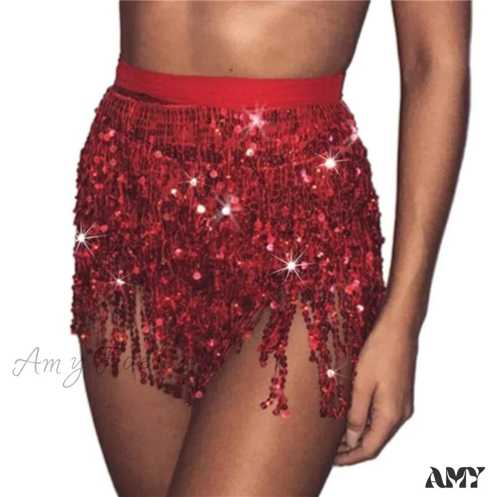 Amy Fashion - Sequined Fringe Glitters Elastic Waist Mini Skirt - Image 2