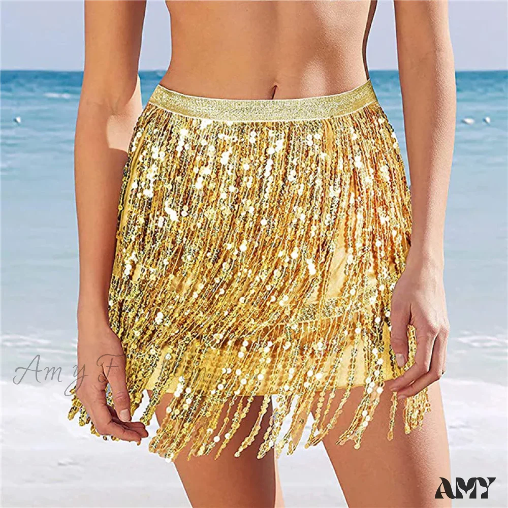 Amy Fashion - Sequined Fringe Glitters Elastic Waist Mini Skirt - Image 7