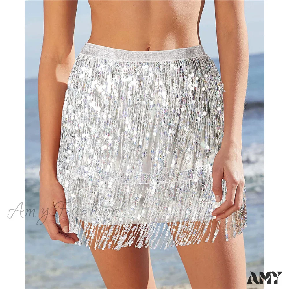 Amy Fashion - Sequined Fringe Glitters Elastic Waist Mini Skirt - Image 8