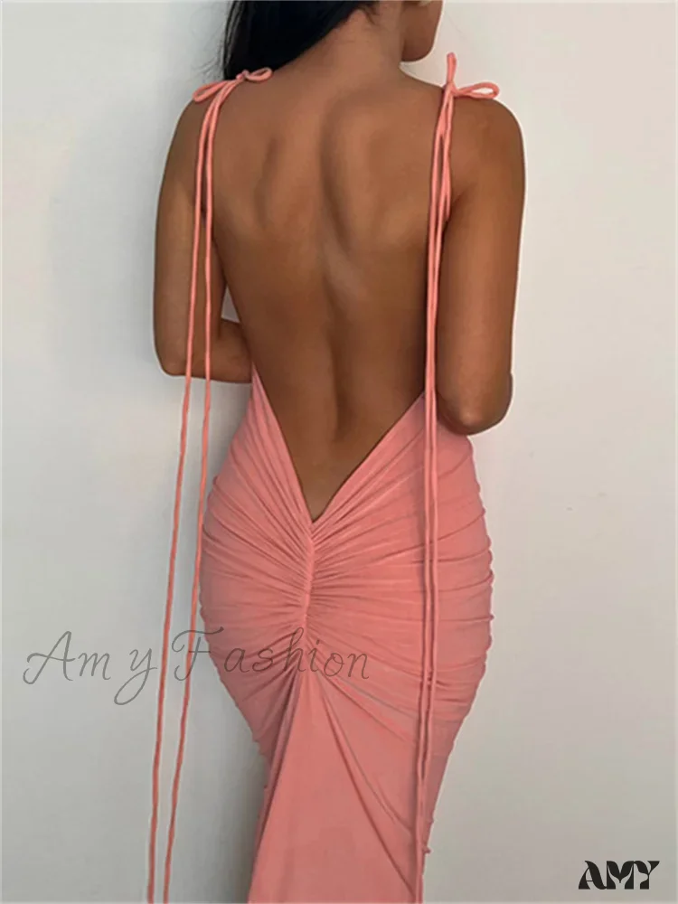 Amy Fashion - Women Sexy Backless Ruched  Adjustable Lace-up Strap Slim Elegant Solid Party Female Vestido Clubwear - Image 2
