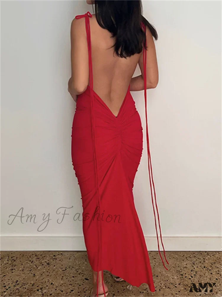 Amy Fashion - Women Sexy Backless Ruched  Adjustable Lace-up Strap Slim Elegant Solid Party Female Vestido Clubwear - Image 3