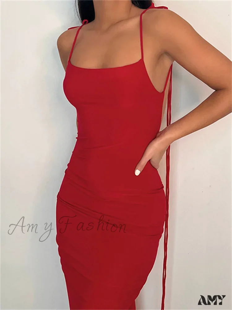 Amy Fashion - Women Sexy Backless Ruched  Adjustable Lace-up Strap Slim Elegant Solid Party Female Vestido Clubwear - Image 4