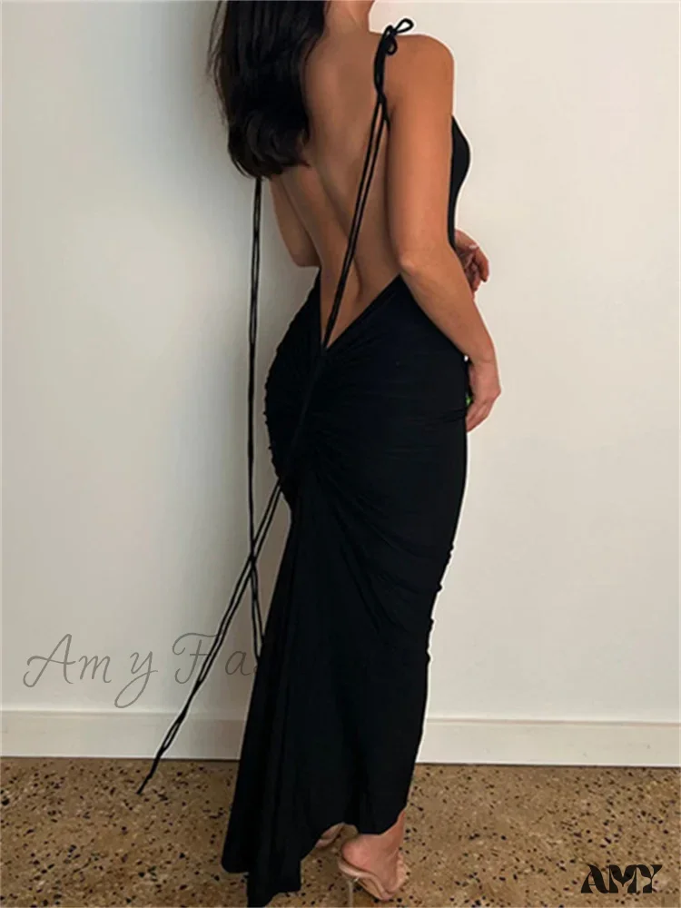 Amy Fashion - Women Sexy Backless Ruched  Adjustable Lace-up Strap Slim Elegant Solid Party Female Vestido Clubwear - Image 5