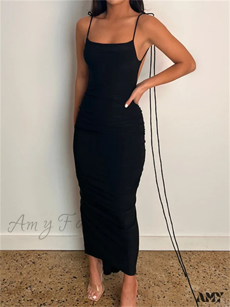 Amy Fashion - Women Sexy Backless Ruched  Adjustable Lace-up Strap Slim Elegant Solid Party Female Vestido Clubwear - Image 6