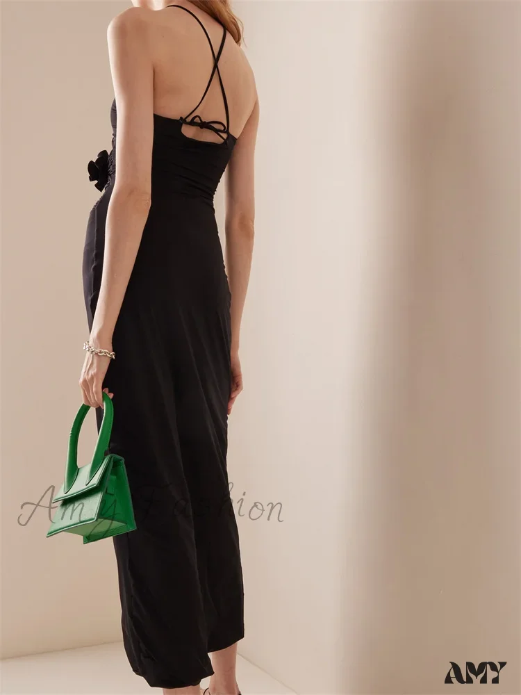Amy Fashion - Women Sexy Halter Hollow Out  Y2K Off Shoulder Backless Slim 3D Flowers Vestidos Night Party Clubwear - Image 2