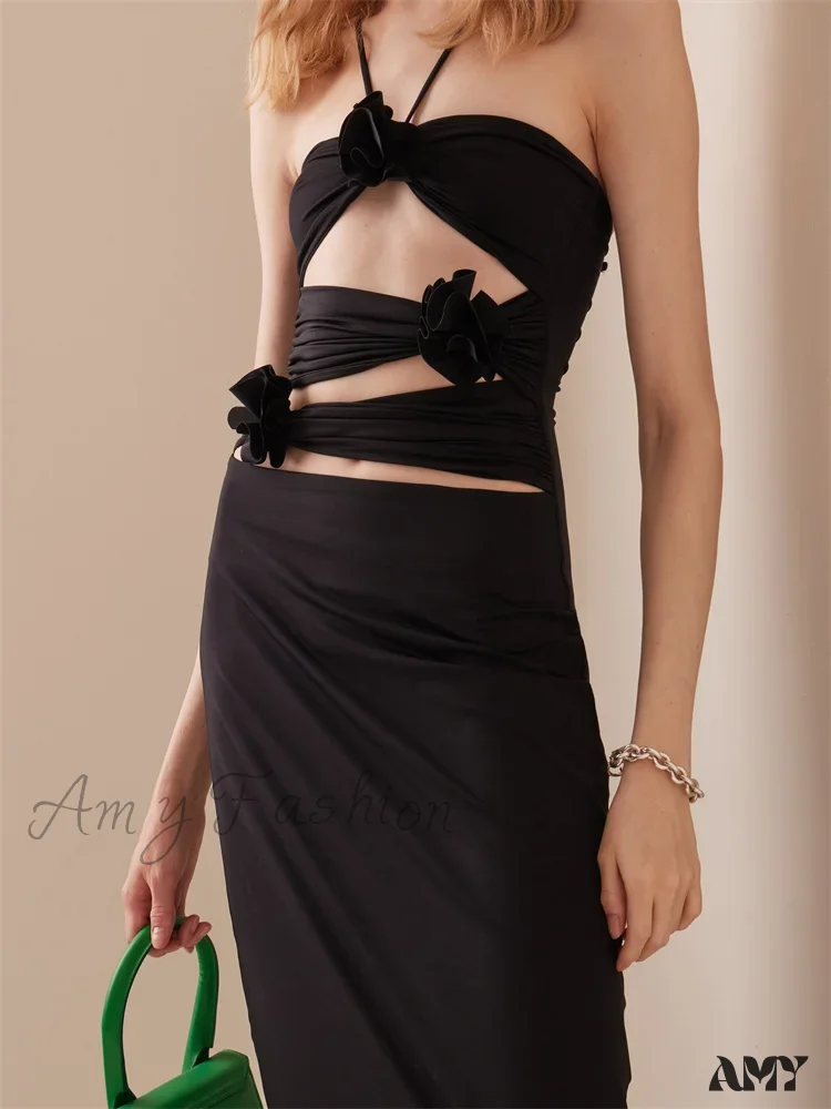 Amy Fashion - Women Sexy Halter Hollow Out  Y2K Off Shoulder Backless Slim 3D Flowers Vestidos Night Party Clubwear - Image 3