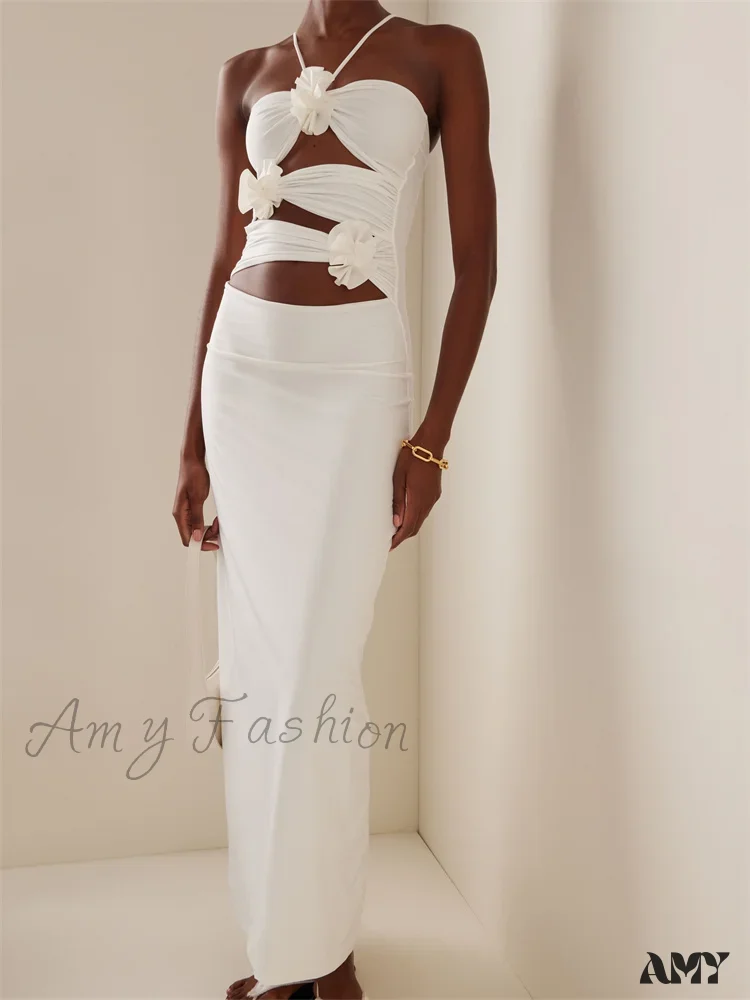Amy Fashion - Women Sexy Halter Hollow Out  Y2K Off Shoulder Backless Slim 3D Flowers Vestidos Night Party Clubwear - Image 4
