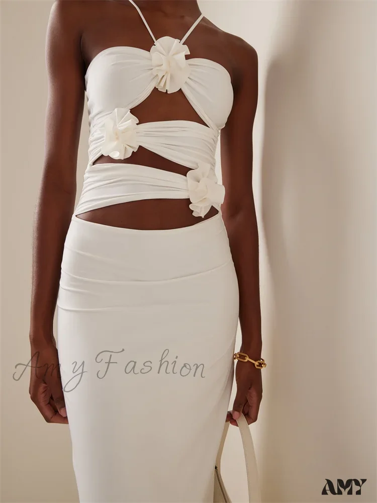 Amy Fashion - Women Sexy Halter Hollow Out  Y2K Off Shoulder Backless Slim 3D Flowers Vestidos Night Party Clubwear - Image 5