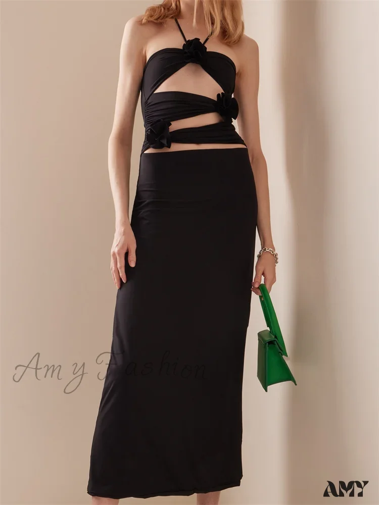 Amy Fashion - Women Sexy Halter Hollow Out  Y2K Off Shoulder Backless Slim 3D Flowers Vestidos Night Party Clubwear - Image 7
