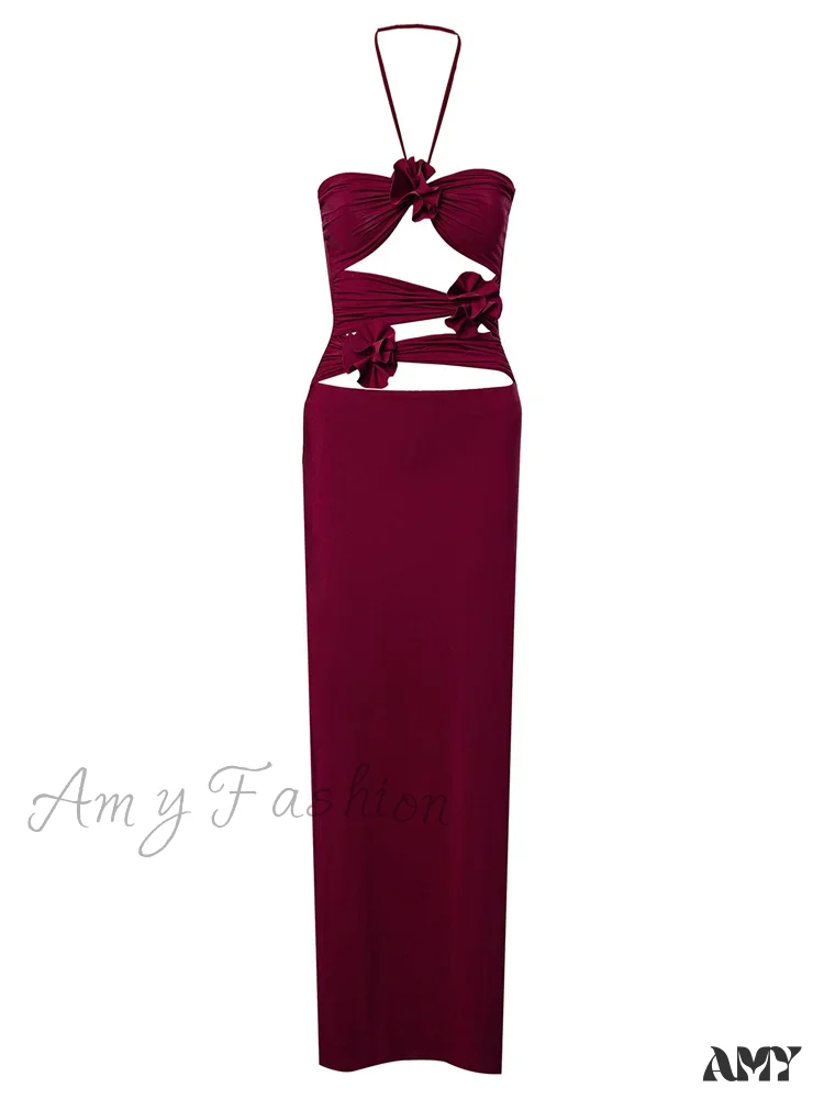 Amy Fashion - Women Sexy Halter Hollow Out  Y2K Off Shoulder Backless Slim 3D Flowers Vestidos Night Party Clubwear - Image 8