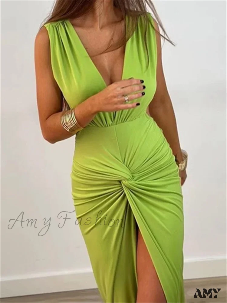 Amy Fashion - Women Sexy High Split  Sleeveless Deep V-neck Backless Ruched Summer Elegant Party Clubwear Vestidos - Image 2