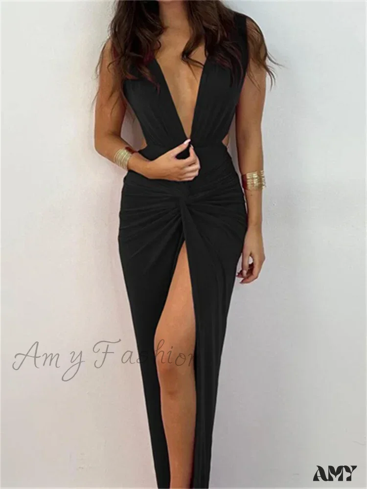 Amy Fashion - Women Sexy High Split  Sleeveless Deep V-neck Backless Ruched Summer Elegant Party Clubwear Vestidos - Image 3