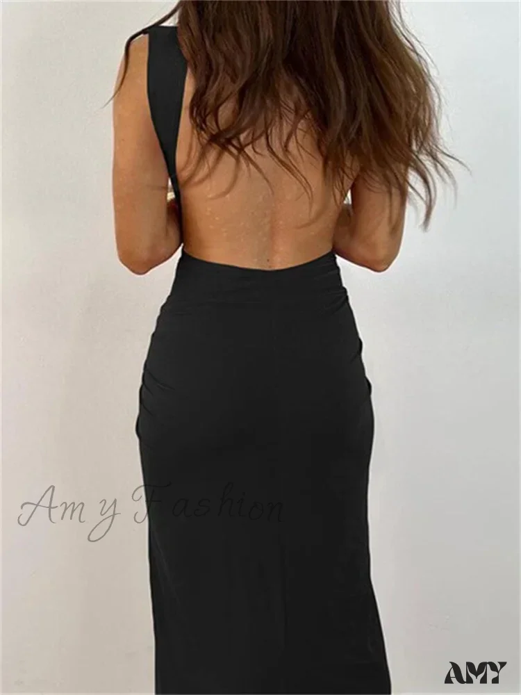 Amy Fashion - Women Sexy High Split  Sleeveless Deep V-neck Backless Ruched Summer Elegant Party Clubwear Vestidos - Image 4
