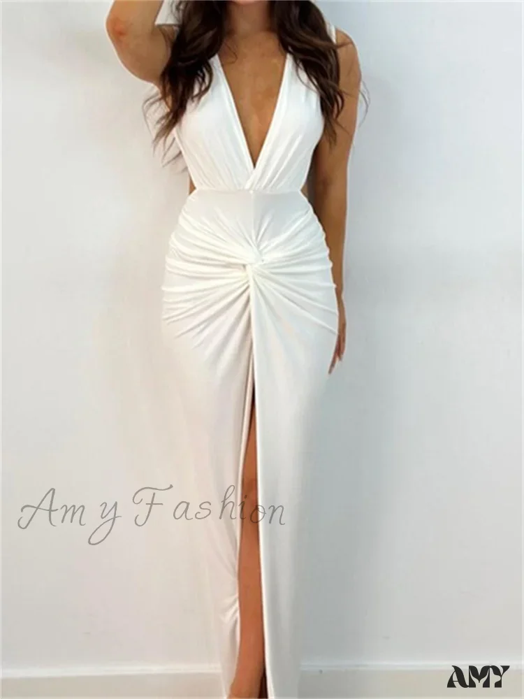 Amy Fashion - Women Sexy High Split  Sleeveless Deep V-neck Backless Ruched Summer Elegant Party Clubwear Vestidos - Image 5