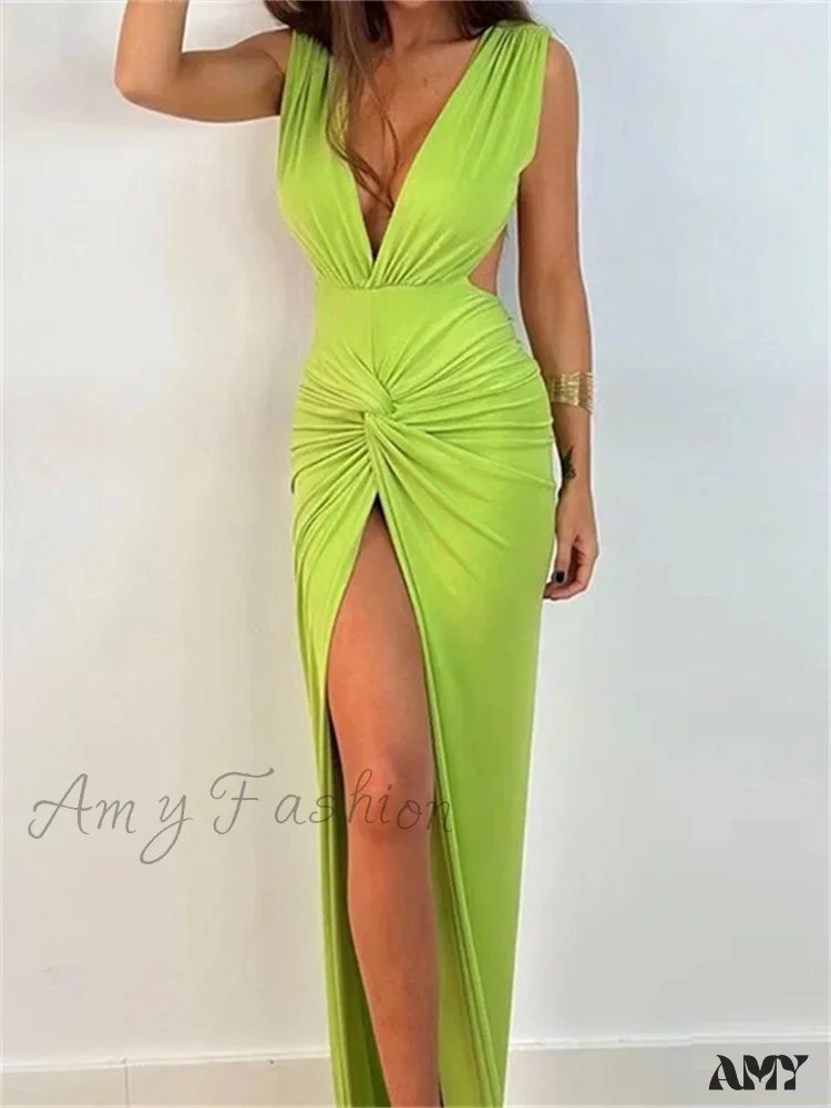 Amy Fashion - Women Sexy High Split  Sleeveless Deep V-neck Backless Ruched Summer Elegant Party Clubwear Vestidos - Image 8