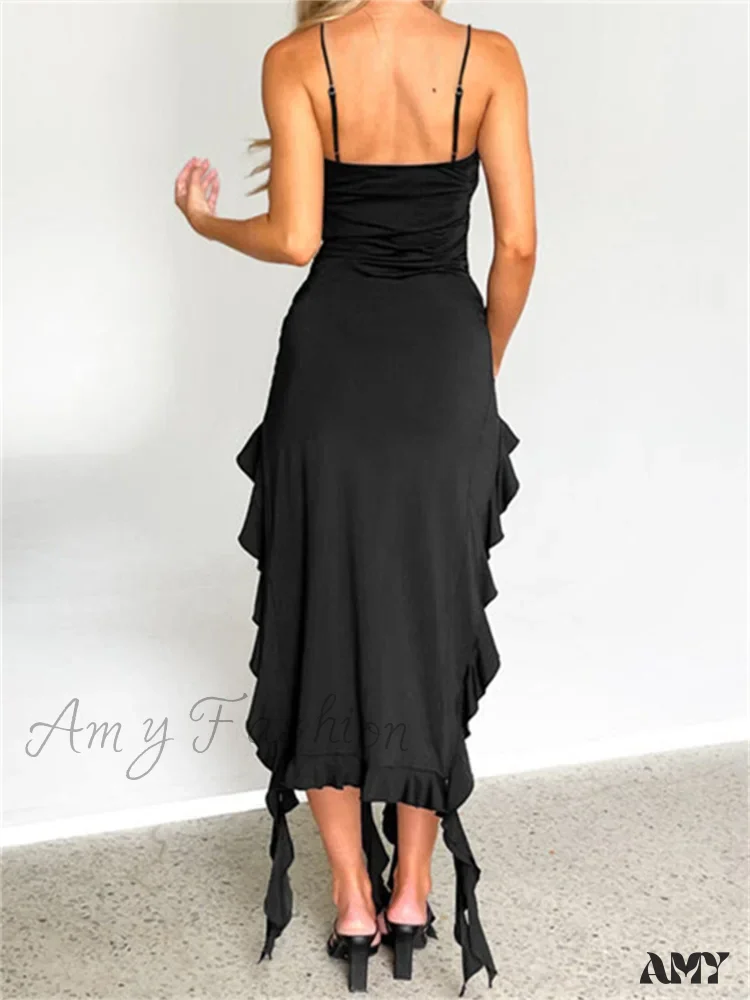 Amy Fashion - Women Sexy Ruffle Hem Sleeveless Strap  Tassels Ruched Bodycon Party V-neck High Split Fairy Vestidos - Image 6
