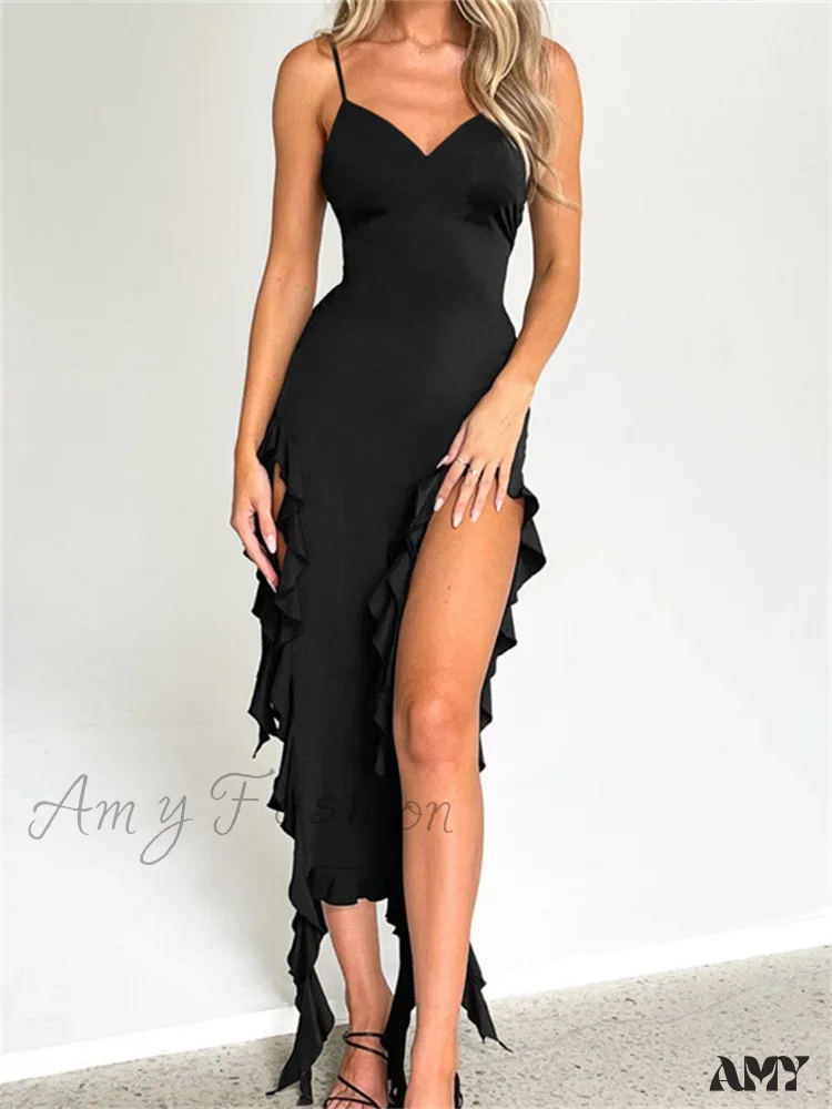 Amy Fashion - Women Sexy Ruffle Hem Sleeveless Strap  Tassels Ruched Bodycon Party V-neck High Split Fairy Vestidos - Image 7