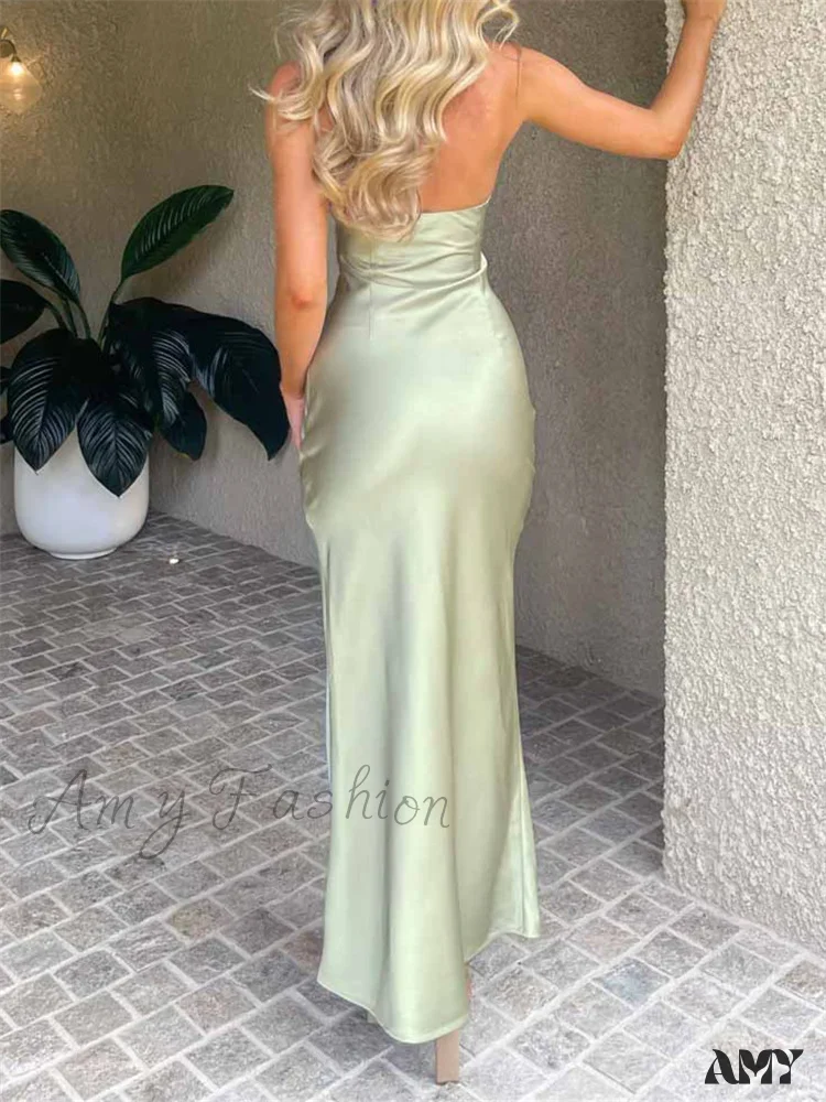 Amy Fashion - Women Sexy Sleeveless Spaghetti Strap Backless  Low Cut Strapless Tube Party Cocktail Satin Vestidos - Image 5