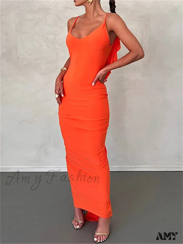 Amy Fashion - Women Sexy Spaghetti Strap Backless Bodycon V-neck Ruffles Ruched Party Evening Clubwear Vestidos - Image 2