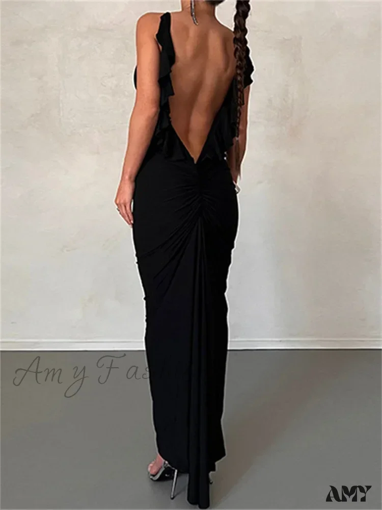 Amy Fashion - Women Sexy Spaghetti Strap Backless Bodycon V-neck Ruffles Ruched Party Evening Clubwear Vestidos - Image 3