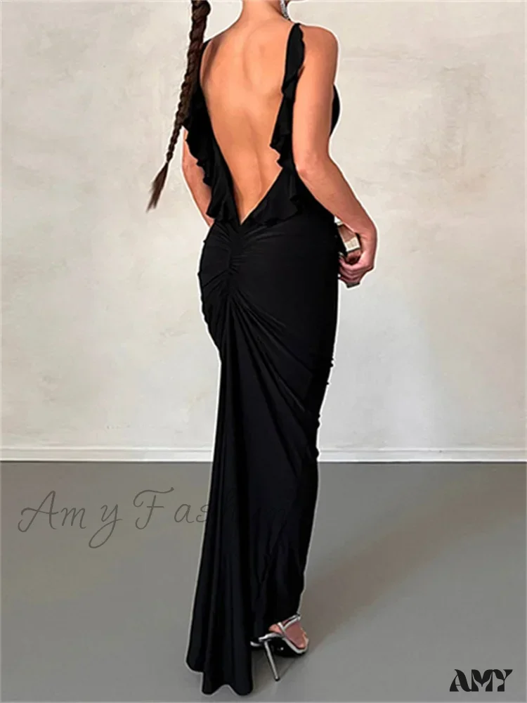 Amy Fashion - Women Sexy Spaghetti Strap Backless Bodycon V-neck Ruffles Ruched Party Evening Clubwear Vestidos - Image 4