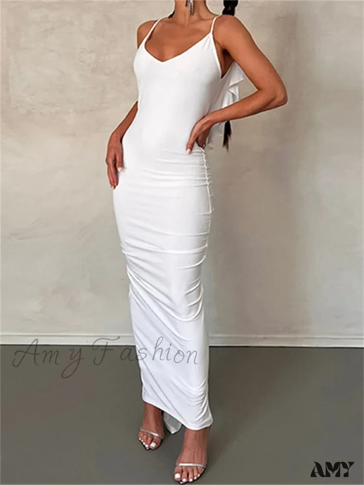 Amy Fashion - Women Sexy Spaghetti Strap Backless Bodycon V-neck Ruffles Ruched Party Evening Clubwear Vestidos - Image 5