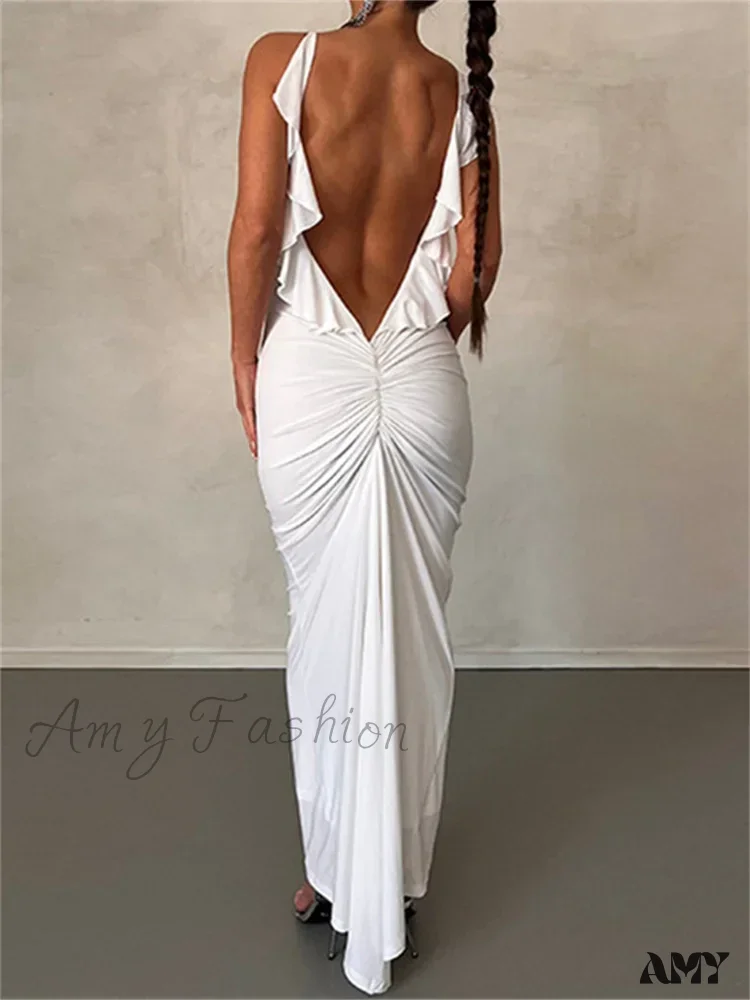 Amy Fashion - Women Sexy Spaghetti Strap Backless Bodycon V-neck Ruffles Ruched Party Evening Clubwear Vestidos - Image 6