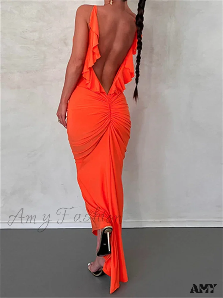 Amy Fashion - Women Sexy Spaghetti Strap Backless Bodycon V-neck Ruffles Ruched Party Evening Clubwear Vestidos - Image 8