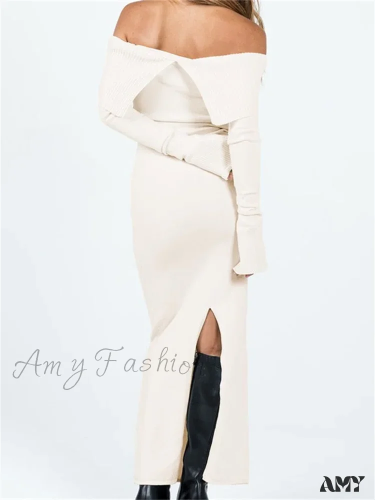 Amy Fashion - Women Slash Neck Off Shoulder  Solid Back Split Hem Casual  Sleeve Party Club Vestidos Streetwear - Image 2