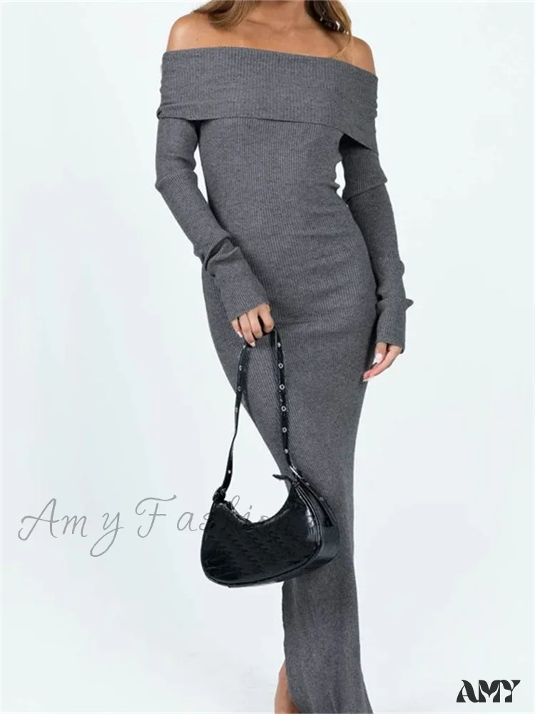 Amy Fashion - Women Slash Neck Off Shoulder  Solid Back Split Hem Casual  Sleeve Party Club Vestidos Streetwear - Image 4